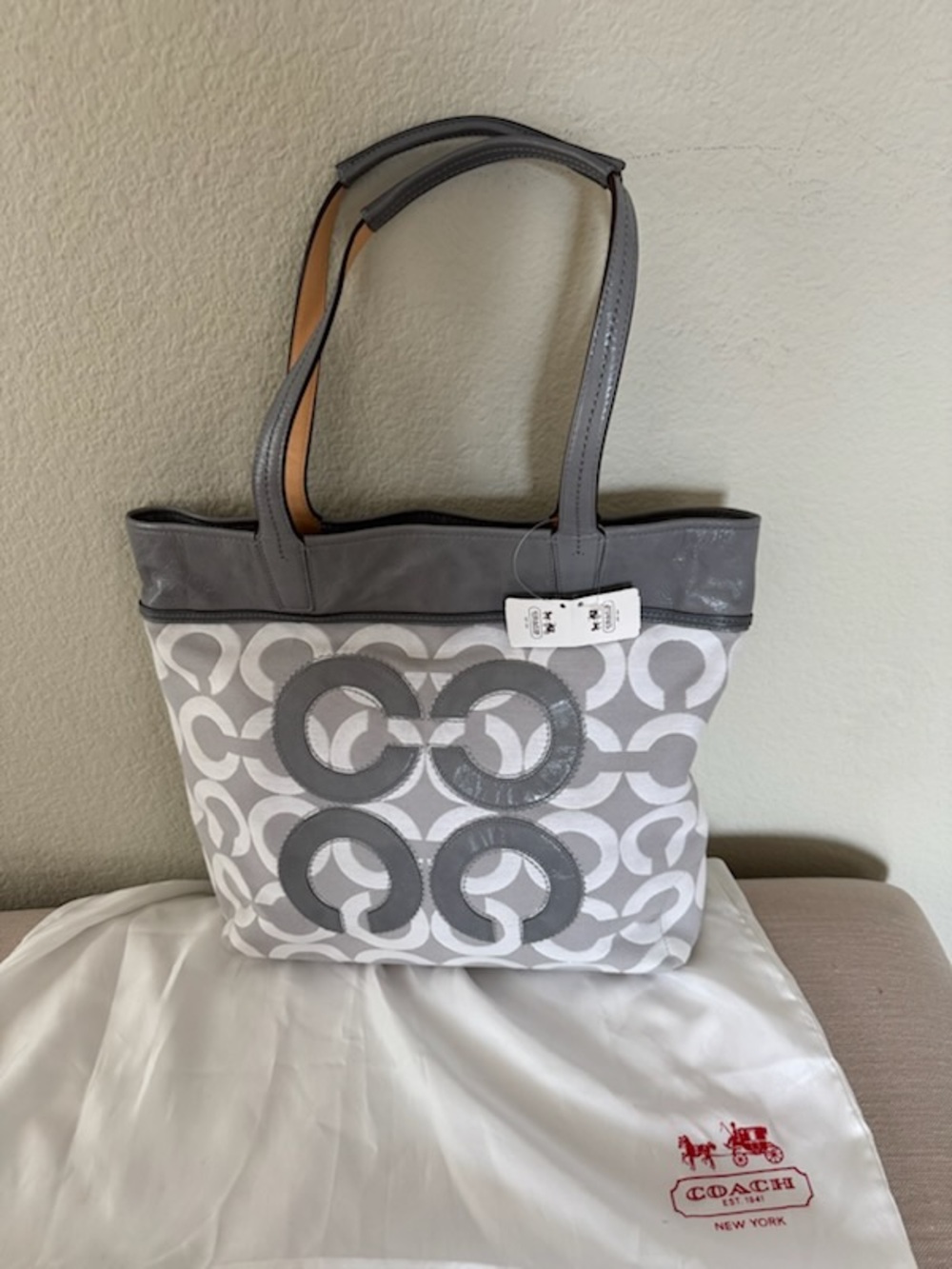 Coach Gray and White Signature Circle Tote